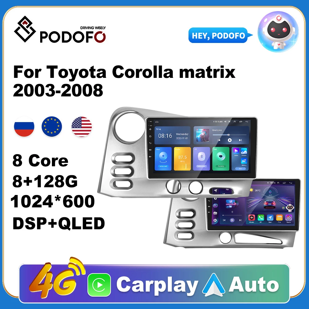 

Podofo Wireless CarPlay Andorid Auto Car Radio For Toyota Corolla matrix 2003-2008 AI Voice Multimedia GPS 2din autoradio