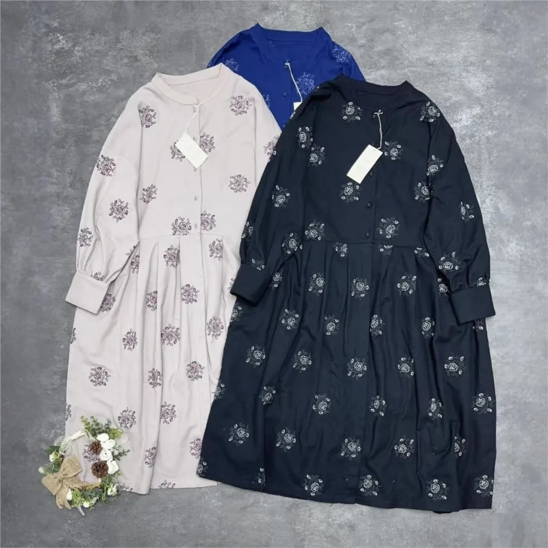 

Johnature 2025 Spring New Casual Japanese Embroidery Floral Loose Dress O-neck Full Sleeve Mori Women Dresses