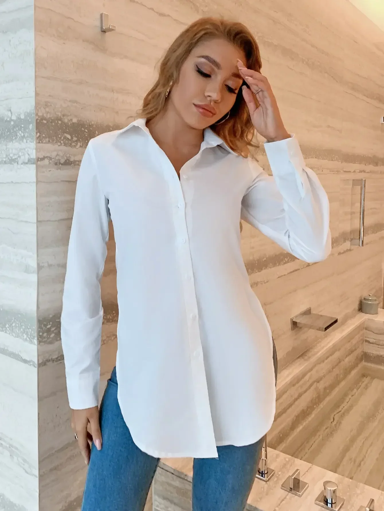 Women\'s solid color long sleeve side slit temperament slim long sleeve button-down lapel shirt Women\'s long sleeve shirt