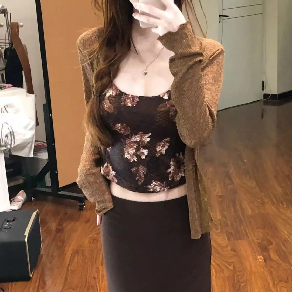 

Lace Trim Printed Vest Women's Long Sleeve Bohemian Style Two Piece Set Summer Fashion Outfit round Neck Crop Top And Skirt