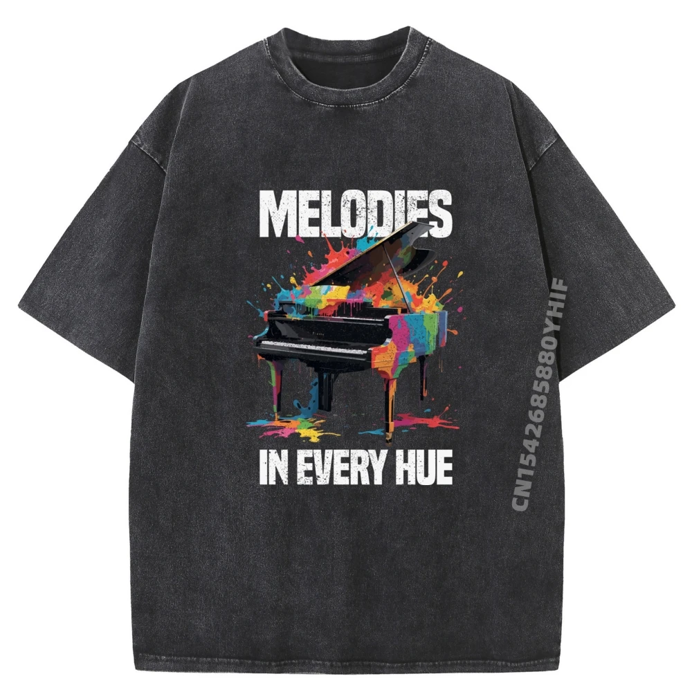 

Colorful splashed piano Melodies in every hue Red And Black Graphic T Shirt Female Mens Designer Retro Washed Clothes