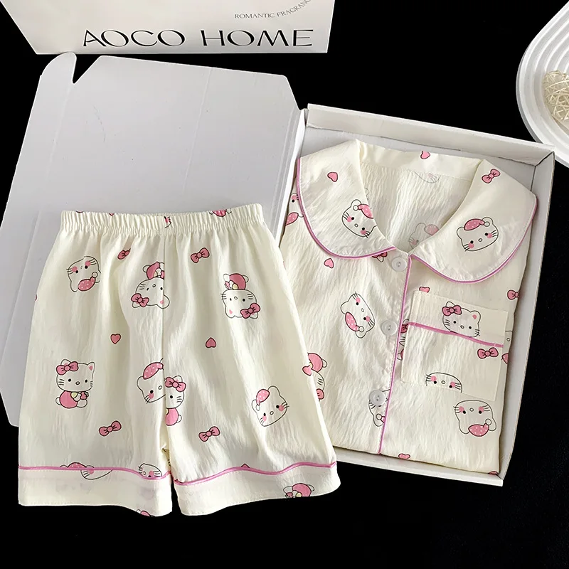 

2Pcs Korean Hello Kitty Kids Girl Summer Pajamas Set Sanrios T-Shirt Shorts Soft Comfort Cardigan Cute Girl Pajamas Homewear New