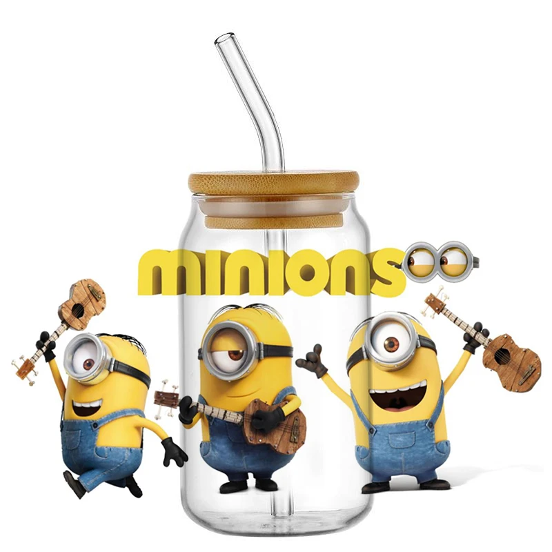 Miniso New 3D Minions Animated Cartoon Series For Libbey 16oz UV DTF Can Glass Waterproof Coffee Mug Can UVDTF Wrap Wholesale