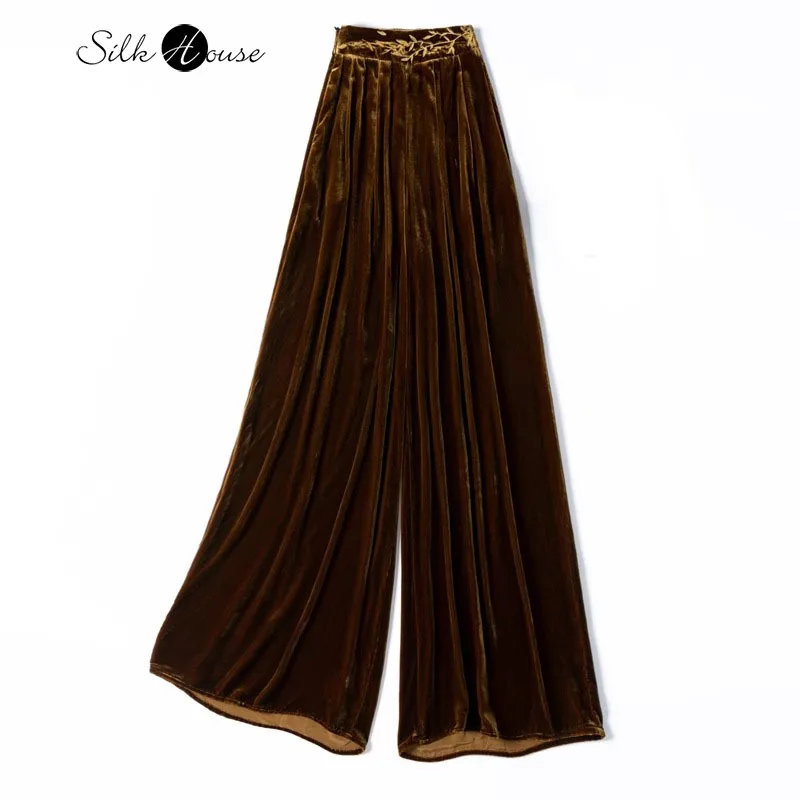 

Modern Retro 30% Natural Mulberry Silk Velvet Embroidered Zipper Pocket Extended Women's Fashion Autumn Wide Leg Pants