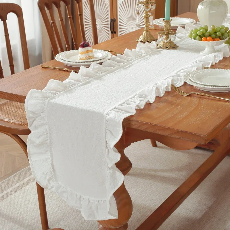 

Solid Color Ruffled Rectangular Tablerunner Cute Simple Durable for Christmas Vacation Birthday Party Wedding Table Decoration