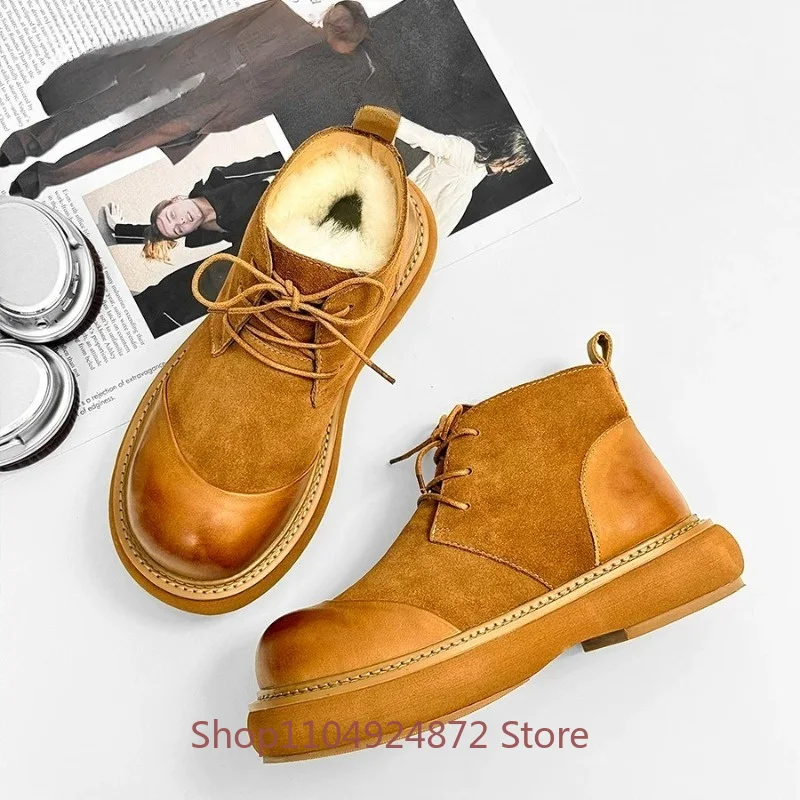 Autumn Winter Fur Snow Boots Men's High Top Thick Wool Plush Warm Platform Soled Cotton Shoes Male Walking Casual Ankle Boots