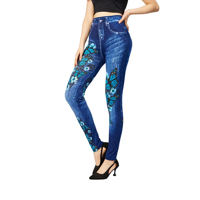 Leggings jeans de imitação estampada com borboleta para mulheres, calças finas elásticas, nove comprimentos, primavera, verão, nova, 006, 2022