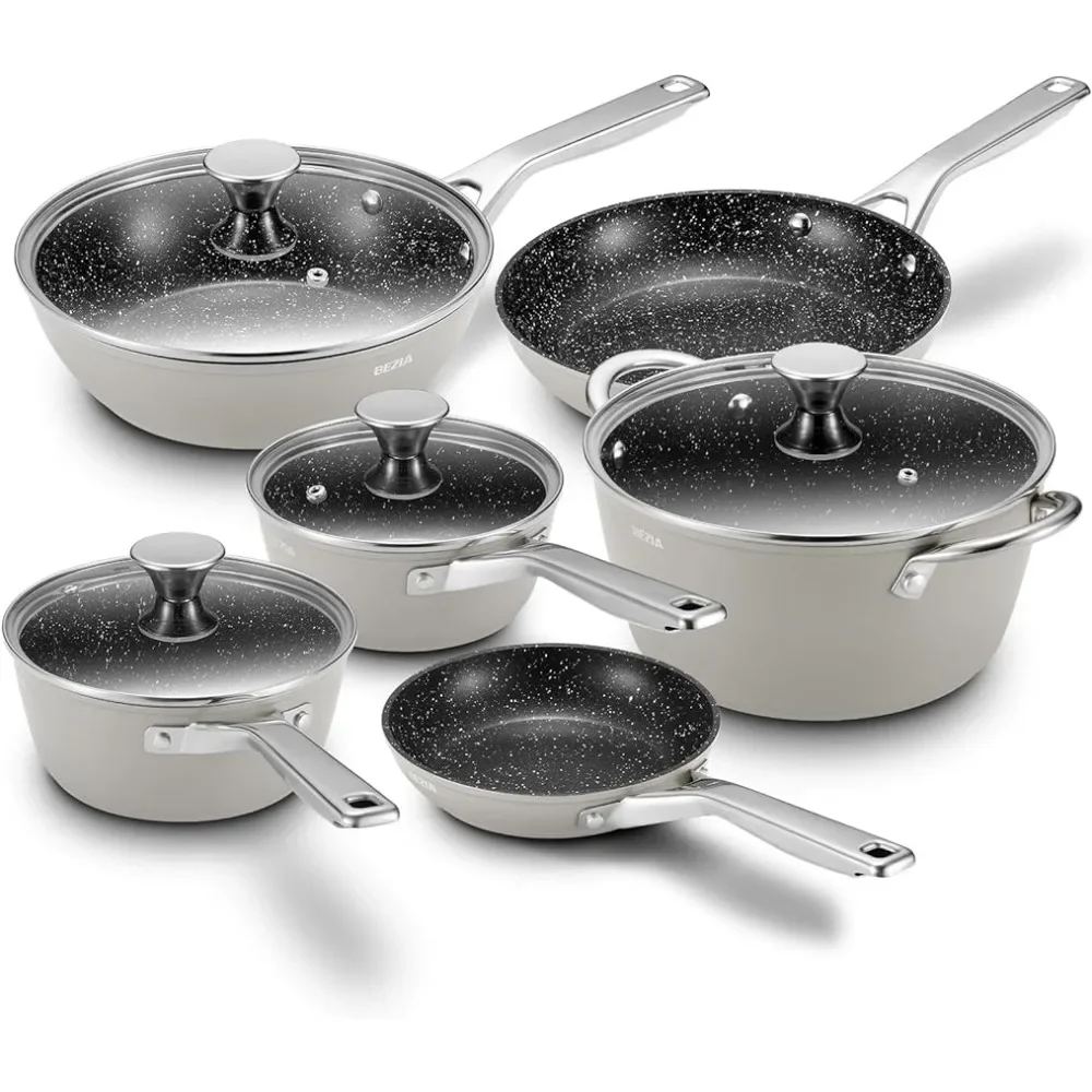 Compatible with All Stoves, Dishwasher Safe Kitchen Cooking Pan Set with Frying Pans, Saucepans & Stockpot, Grey