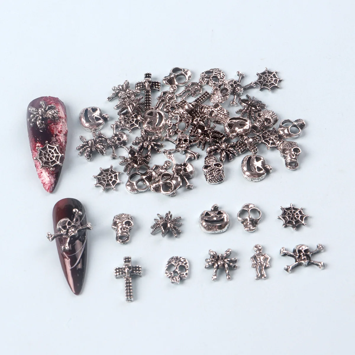 TSZS New 3D Vintage Halloween Charms for Nail 50pcs/bag Silver Cross Pumpkin Bat Gothic Retro Nail Art Charms