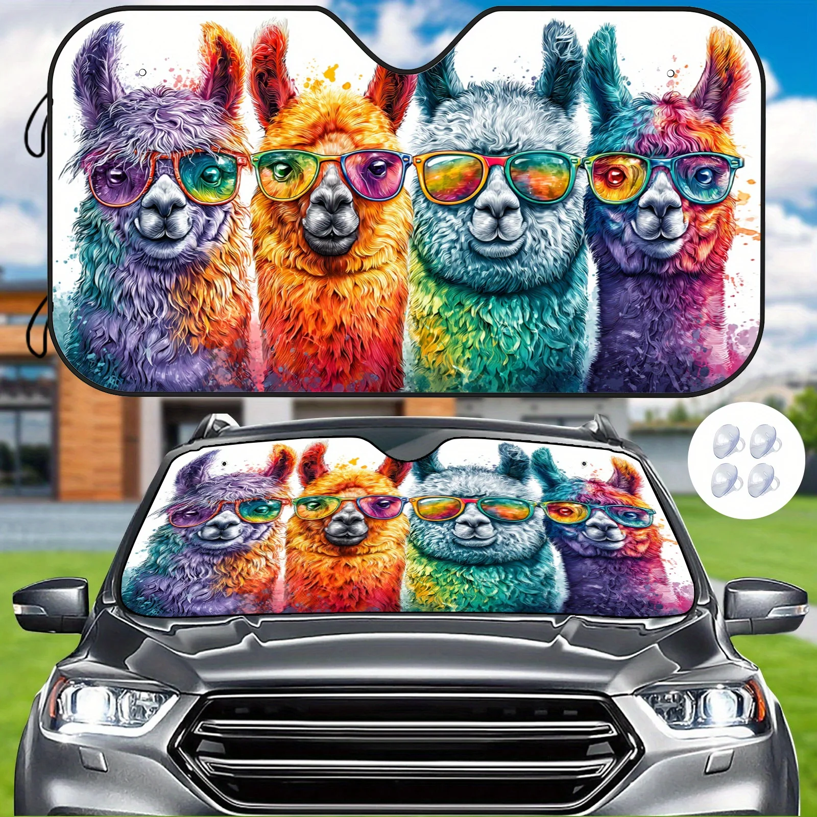 Colorful Alpaca Car Sunshade, Featuring Fashion Glasses Design And Splatter-paint Colors, Blocks Heat. Includes 4 Suction Cups F