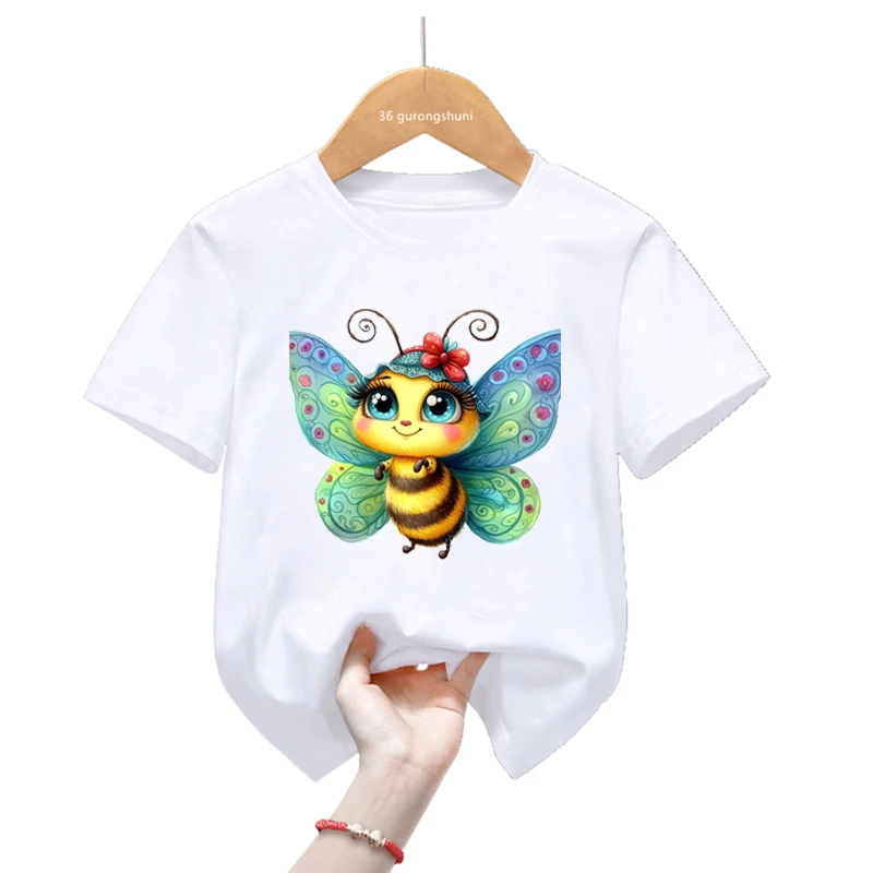 Funny Bee Print T Shirt Girls/Boy Kawaii Kids Clothes Butterfly Flowers Tshirt Summer Short Sleeve T-Shirt Harajuku Shirt
