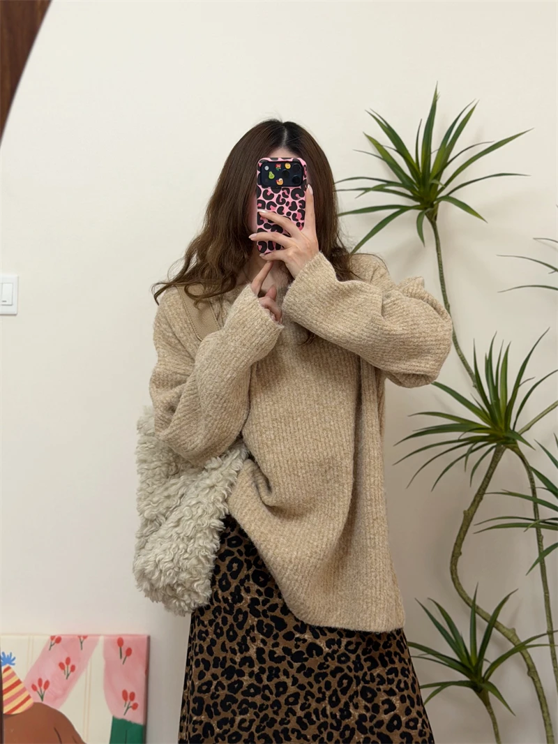 

Cozy Wool Blend Sweater Vintage Sle Long Striped Loose Fit Women's Knitwear Slimming Effect Medium Length Casual Wear