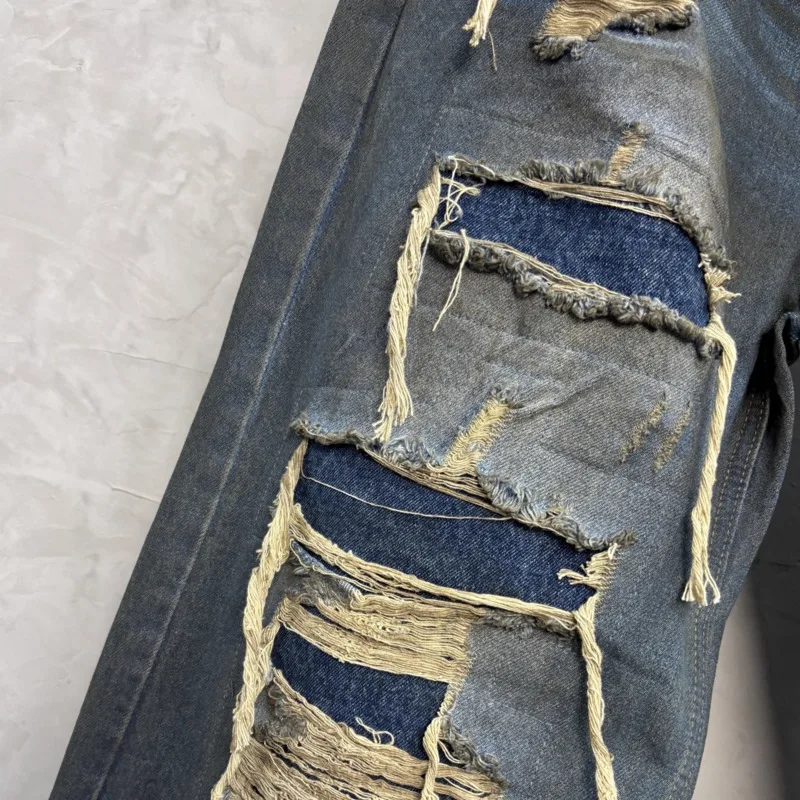 HKSH Herfst Nieuwe Man Punk Mode Gewassen Vintage Jeans Persoonlijkheid Patchwork Rechte Mode Cool Verontruste Denim Broek HK11945
