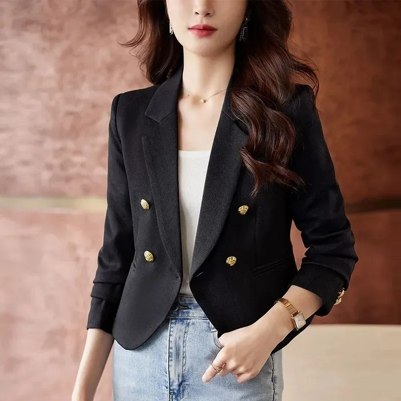 

Модный двубортный Женский блейзер, корейский укороченный пиджак с отложным воротником, Женский Повседневный однотонный офисный блейзер с длинным рукавом для женщин