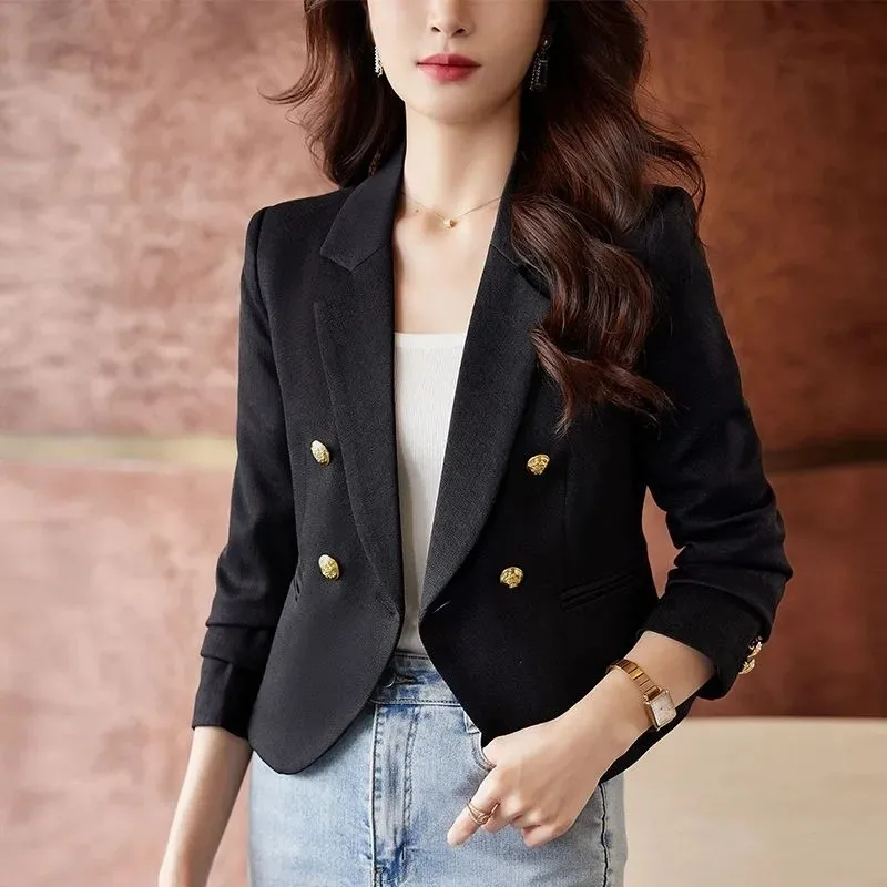 Fashion Double-Breasted Women Blazers Korean Notched Cropped Suit Jacket Ladies Casual Solid Long Sleeve OL Office Lady Blazer