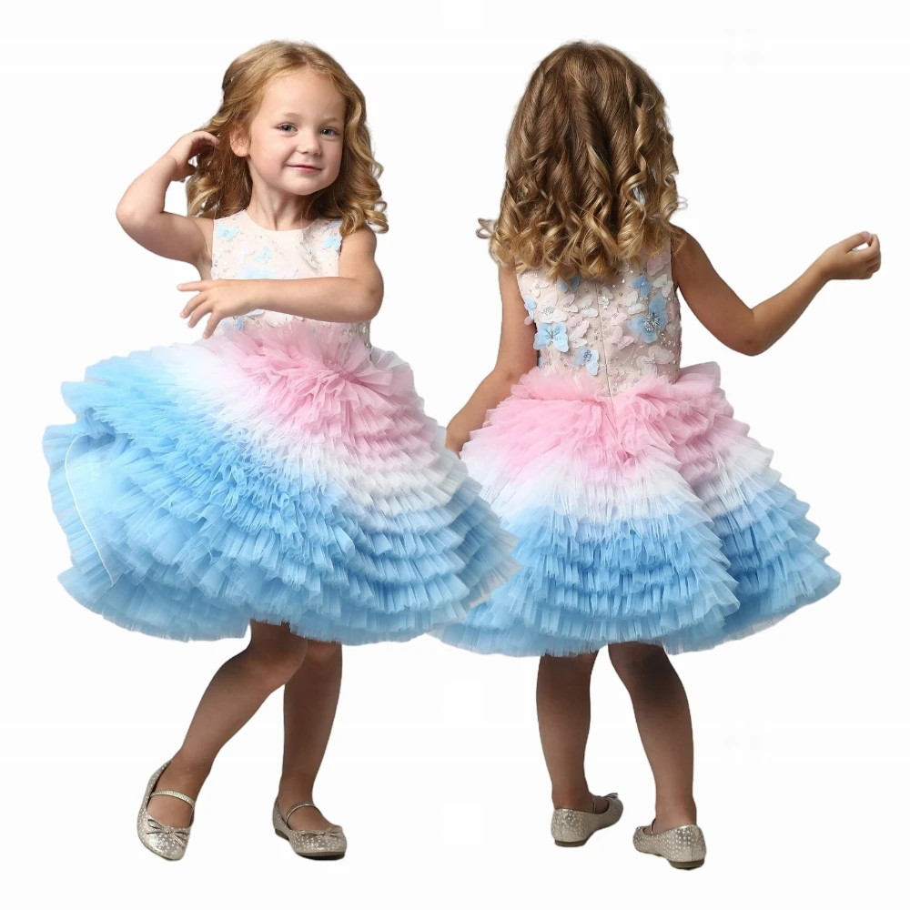 

Flower Girl Dress Puffy Ball Gown Girls Pageant Tiered Ruffles Sleeveless Kids Birthday Gowns Knee Length Kids Wedding Dresses