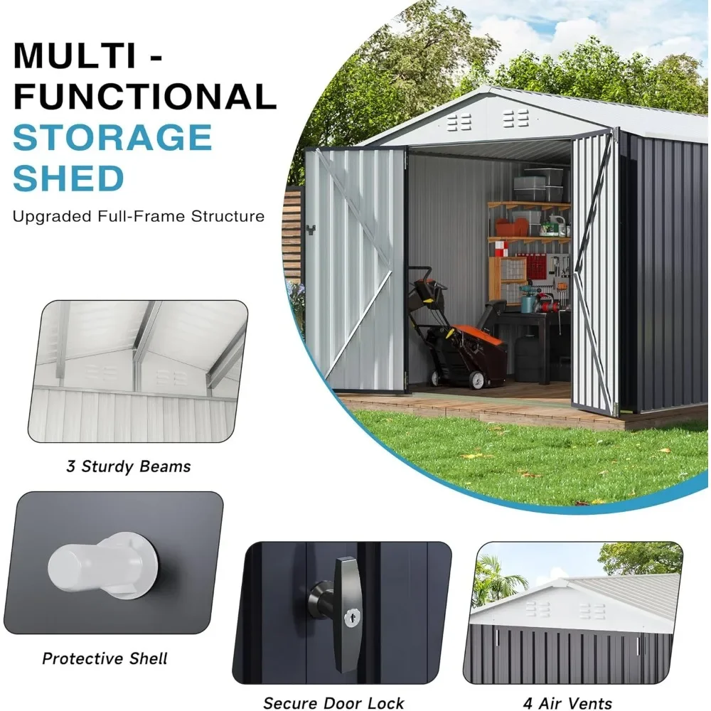 Outdoor Storage Shed.Outdoor Storage Shed 8x11.7 FT, Metal Garden Shed with Lockable Doors and Updated Frame Structure