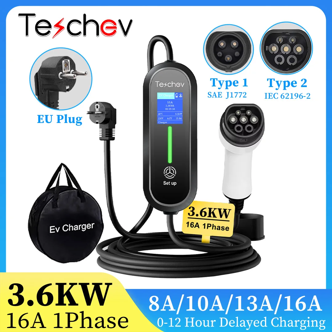 

3.6KW Portable EV Charger Type2 IEC 62196 Plug Connector 16A 1Phase Type 1 J1772 Wallbox Charging Station for Electric Vehicle