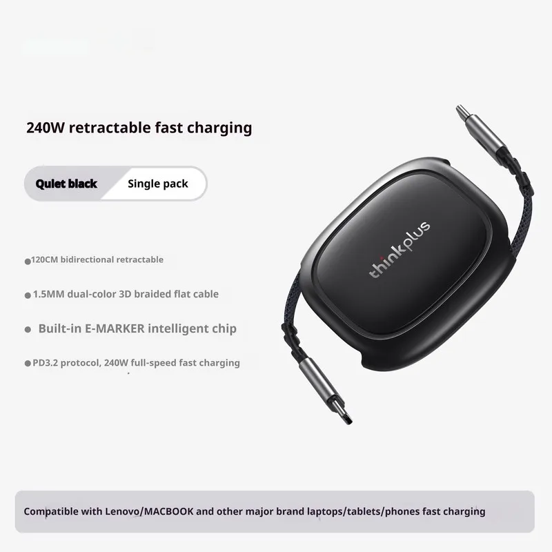 ThinkPlus Qlex Retractable Cable 240W PD3.2 Super Fast Charging 1.2M Braided Mobile Phone Cable for Tablets and Laptops Original