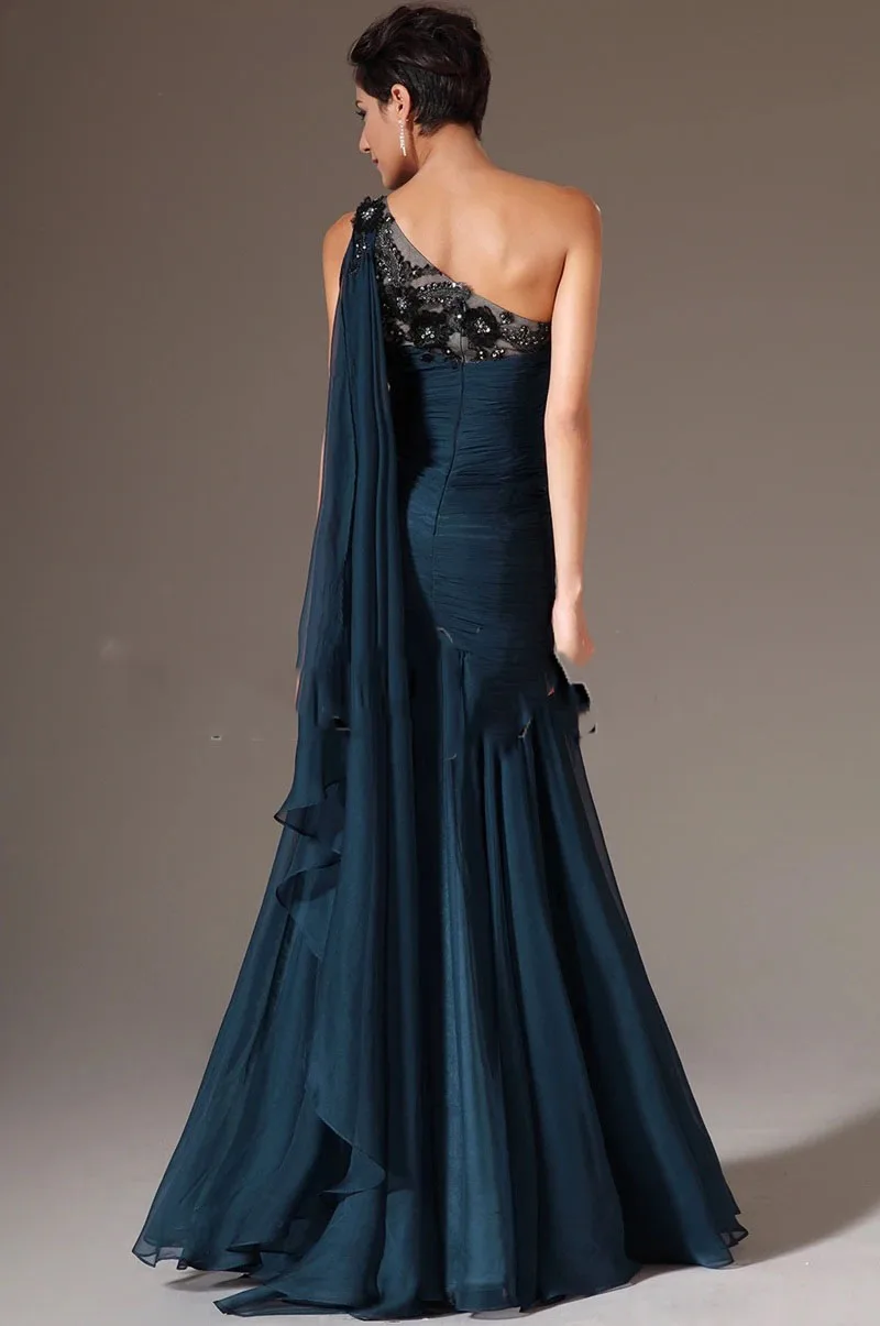 Long Formal Evening Party Gowns One Shoulder Chiffon Mermaid Evening Dresses with Black Lace AppliqueCL-758