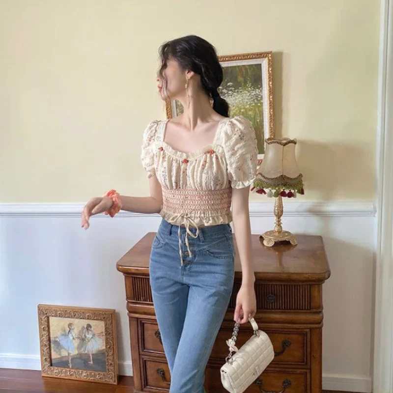 French Elegant Shirts Draw String Slim Waist Ruffles Square Collar Puff Sleeve Crop Tops Summer Sweet Preppy Style Women Blouses