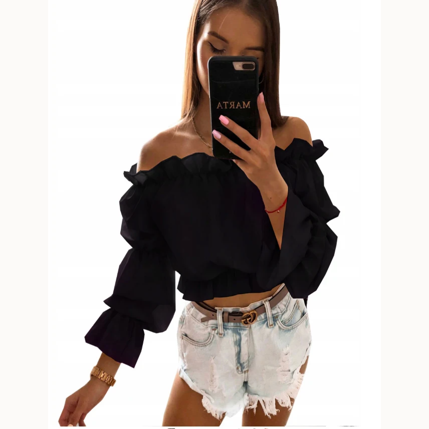 Women Off The Shoulder Flare Long Sleeve Crop Top Fall Spring 2024 Sexy Chiffon Fleece Cropped Blouse Tee Shirts Streetwear Y2K