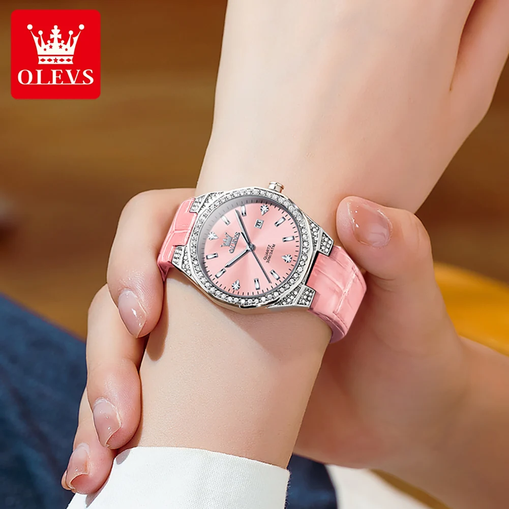 OLEVS 5606 Women\'s Watches Pink Watch Girl for Women Leather Strap Waterproof Full Diamond Bezel Elegant Ladies\' Watches NEW