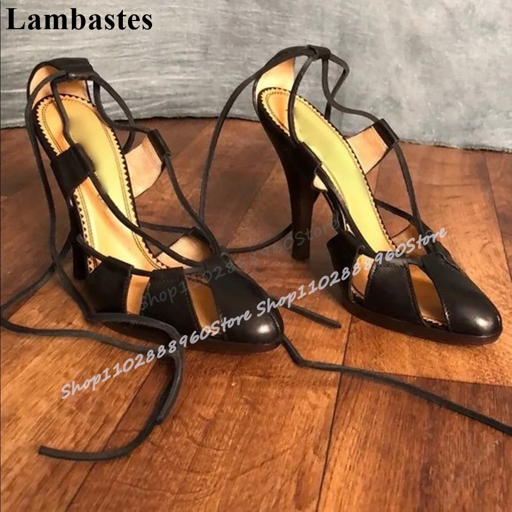 

Sexy Black Leather Splicing Sandals Stilettos High Heel Women Shoes Lace Up Pointed Toe Luxury Gorgeous Catwalk Women Sandals