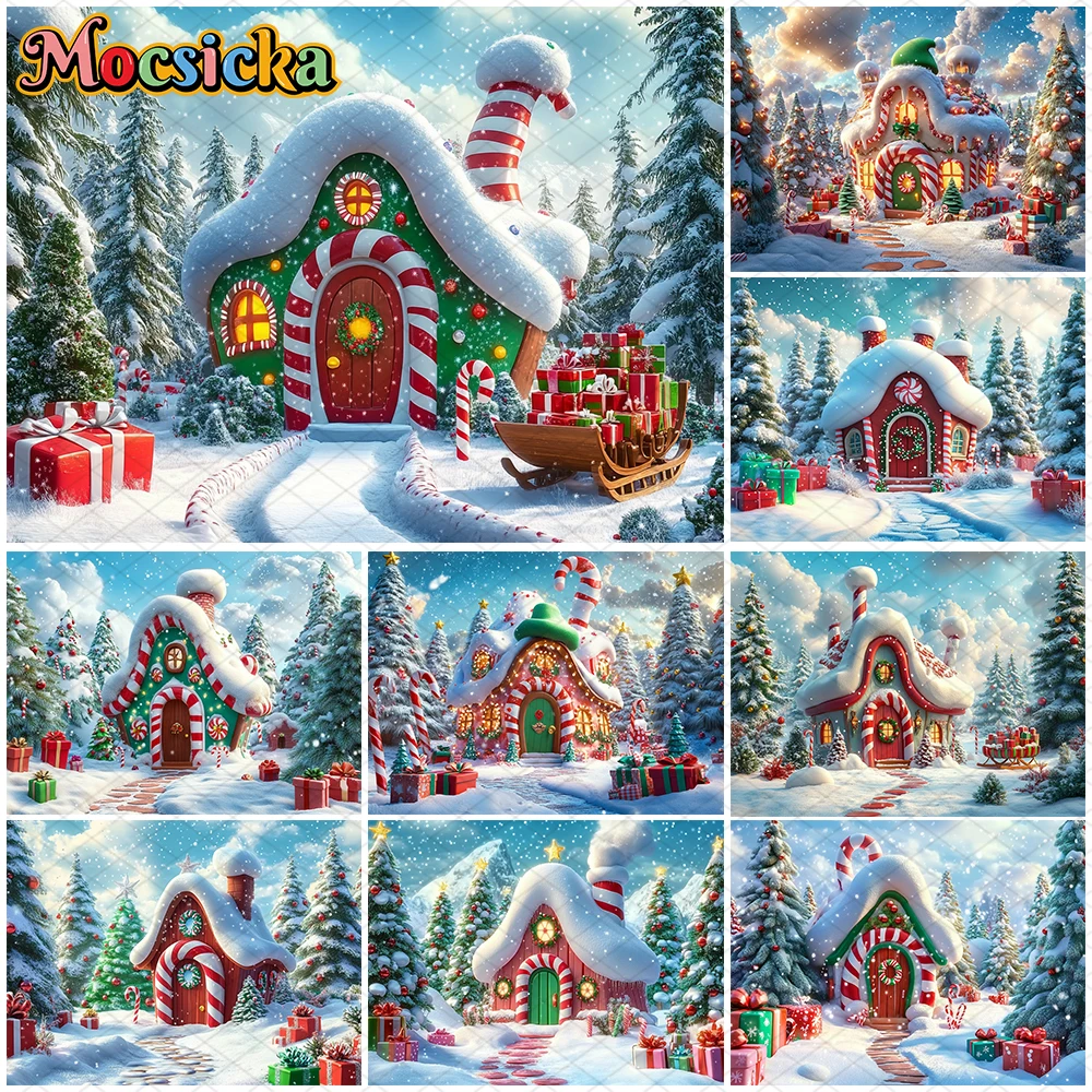 

Mocsicka Christmas Candy House Backdrop Photography Xmas Tree Gift Forest Winter Snowflake Decor Family Holiday Party Background