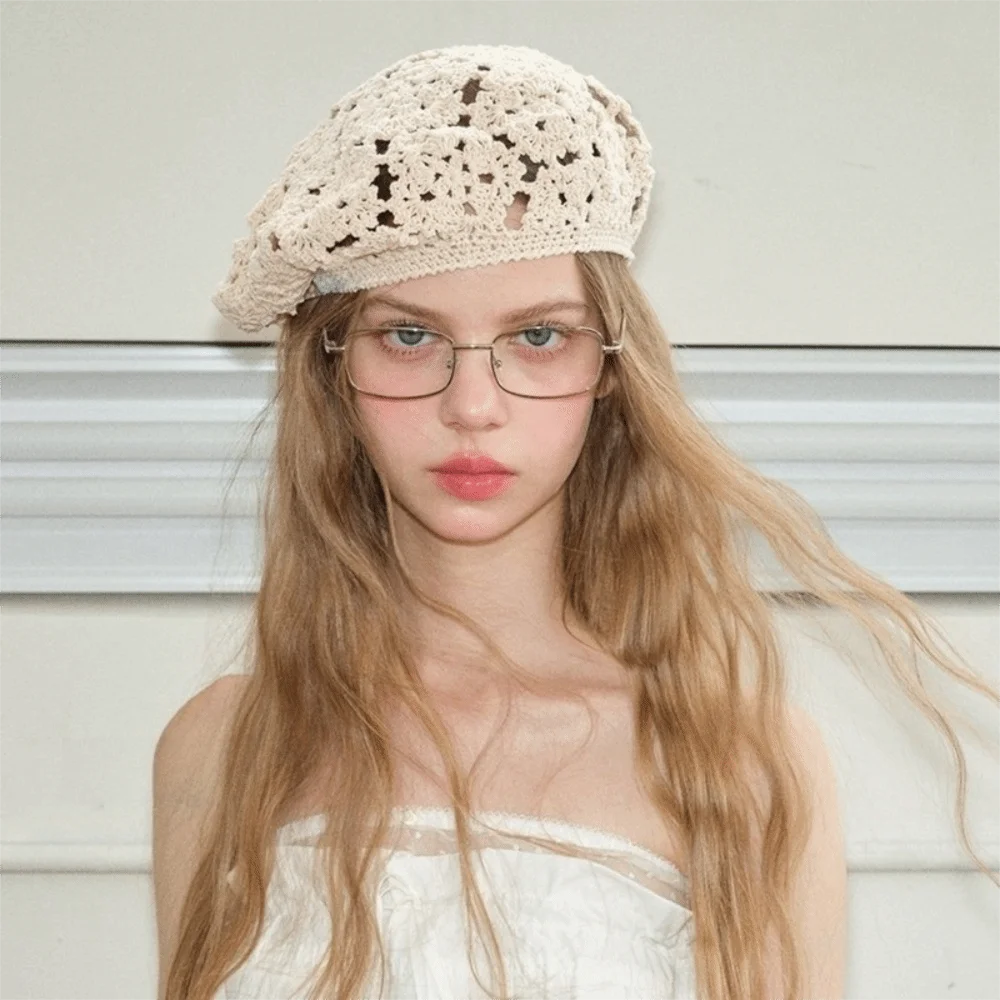 Elegant Breathable Flower Hat Japanese Style Big Head Circumference Hollowed Out Beret All-match Thin Crochet Knitted Cap Gift