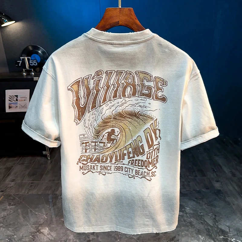 Fashionable retro short sleeved T-shirt men's 2025 summer style street printed round neck half sleeved loose men's top