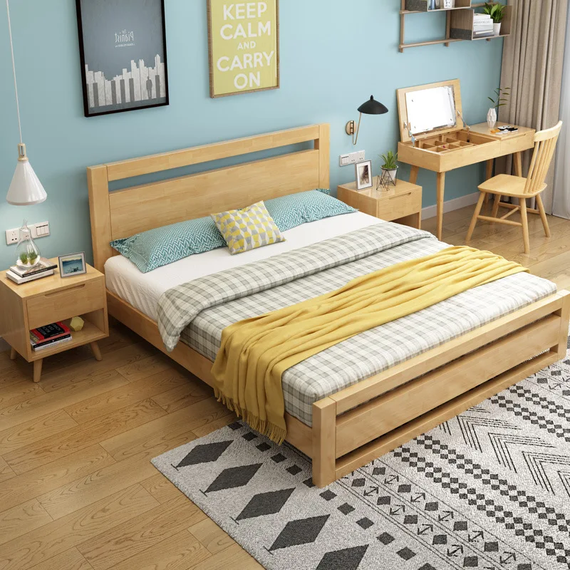 Nordic solid wood bed single bed rental house bedroom hard log double bed master bedroom pure solid wood