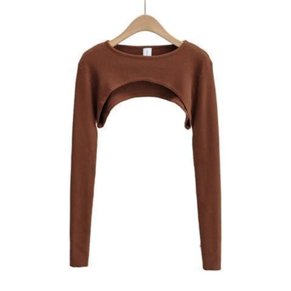 

Slim Knit Long Sleeve Crop Top Solid Color Thin O-neck Knitted T-shirt Spicy Girl Style Short Blouse Cropped Sweaters Pullovers