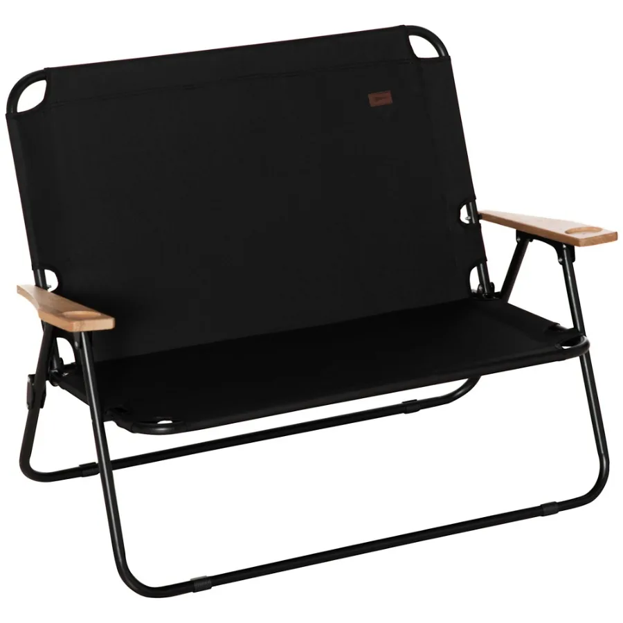Portable Folding Double Camping Chair Cup Holder Loveseat for 2 Person Outdoor Chair with Wood Armrest Beach Travel Black
