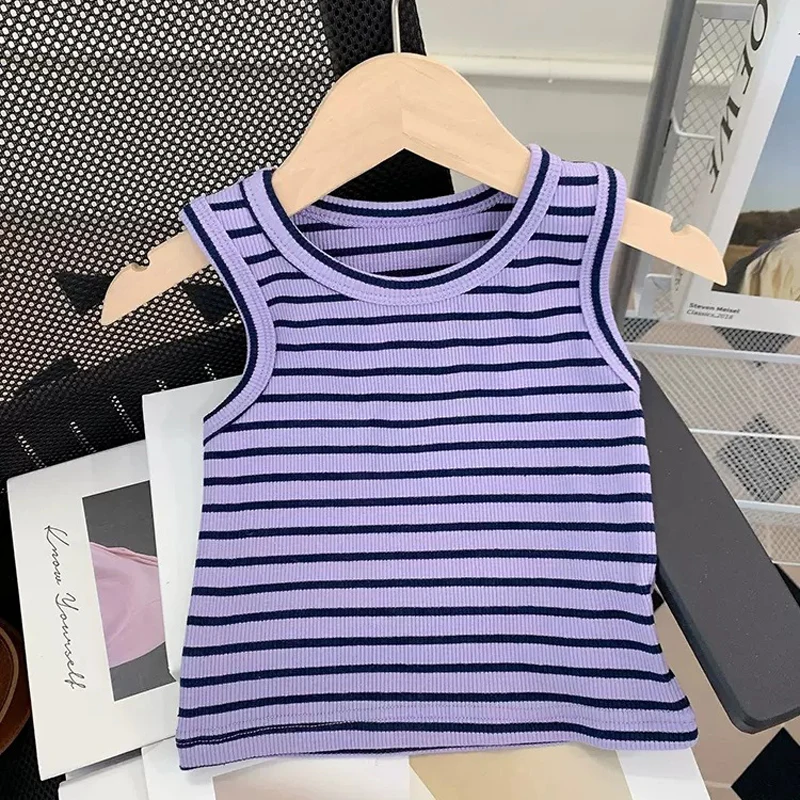 Girls\' Clothing Sets 2023 Summer New Children\'s Fashionable Baby Girl Stripe Sleeveless Tank Top+ Strap Pants Two Piece Set