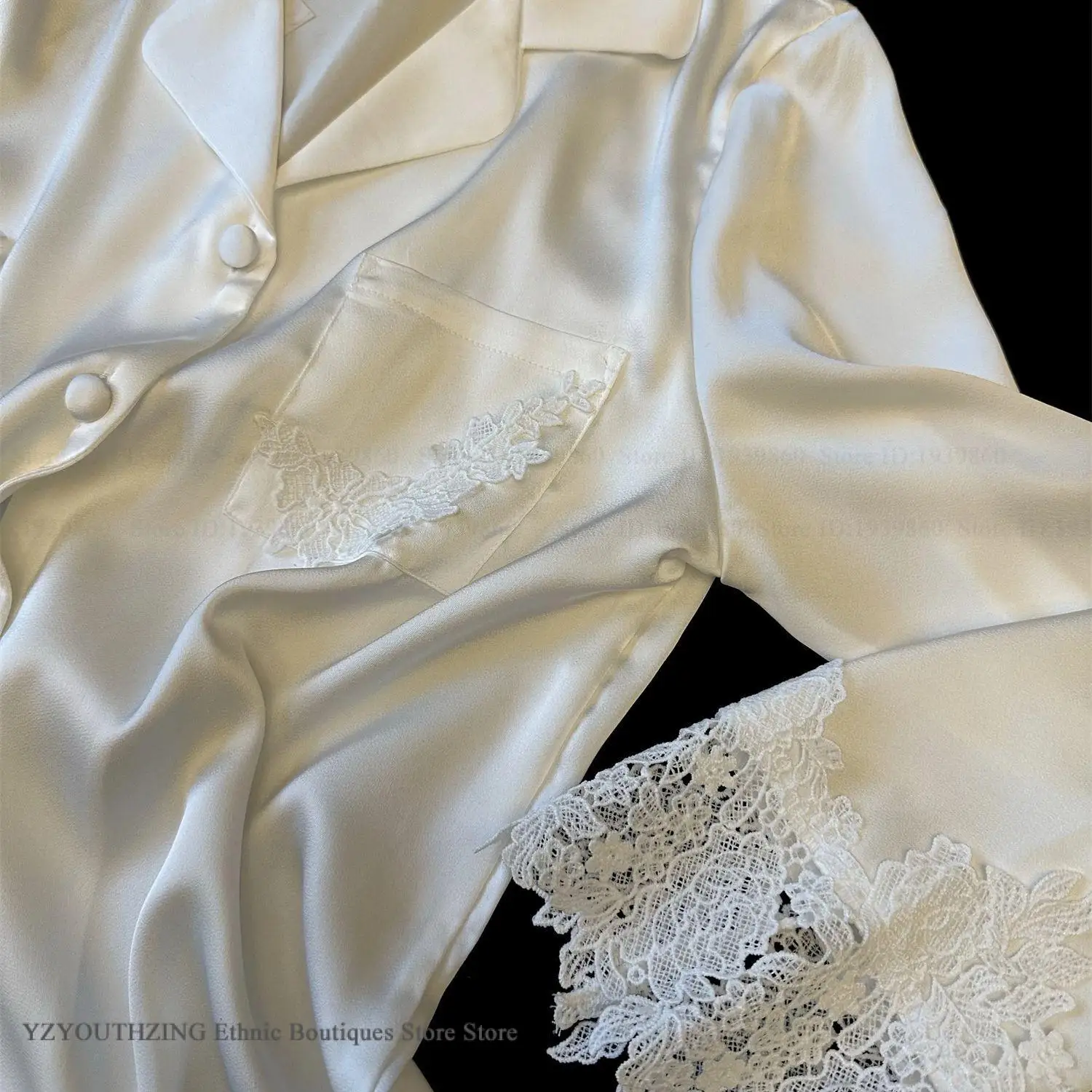 Female Pajamas Set White Satin Lace Trim Bride Wedding Sleepwear Gift Homewear Sexy Loose Long Sleeve Trouser Suit Loungewear
