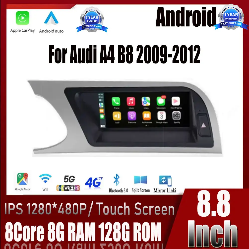 

Для Audi A4 B8 2009-2012 Android 14 Автомобильный мультимедийный 8,8 дюймовый автомобильный монитор стерео радио Carplay IPS сенсорный экран GPS навигация