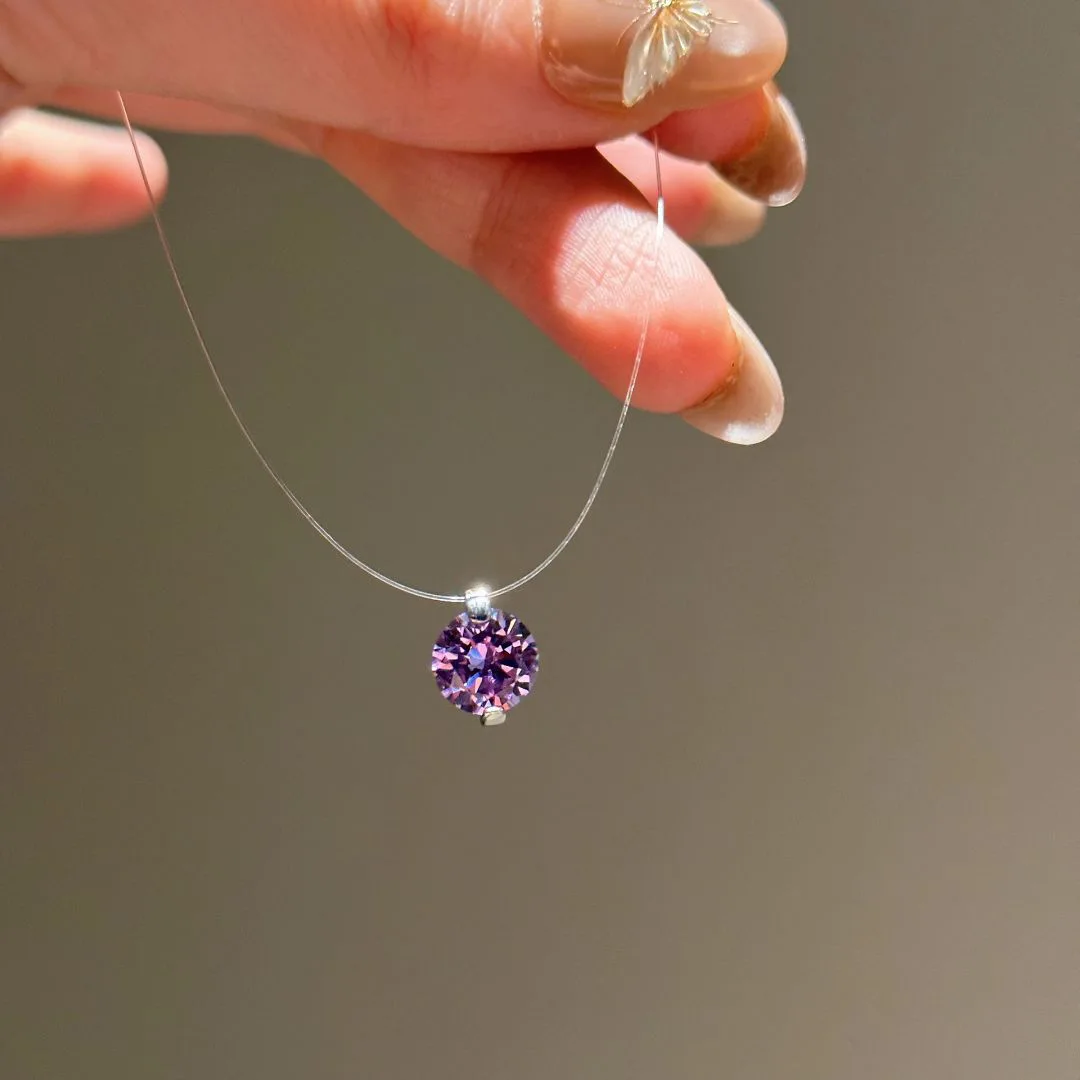 

New in simple purple diamond round fishing line invisible necklace charms White and Pink collar chain party jewelry gifts