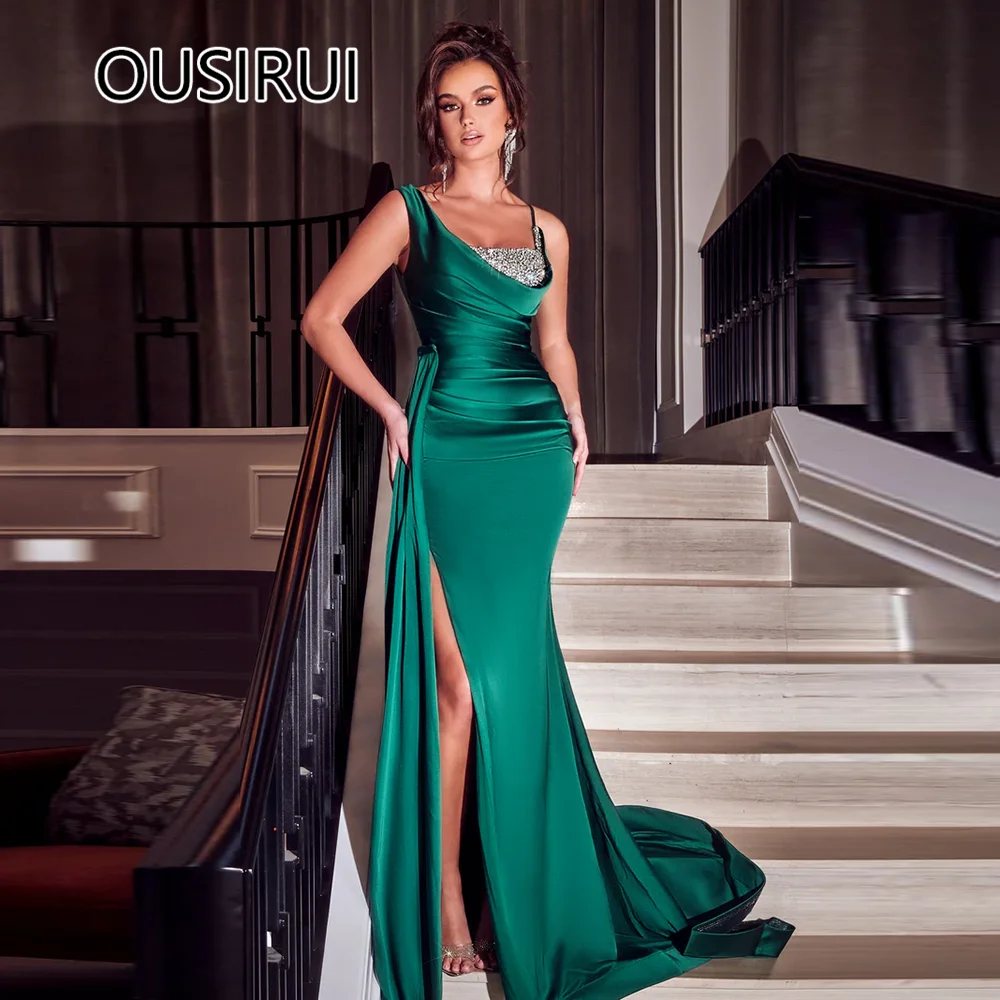 

Strapless Satn Pleated Eveing Dress Beaded Crystal Sheath Sexy Side Slit Performance Gown with Trian for Women robe de mariée