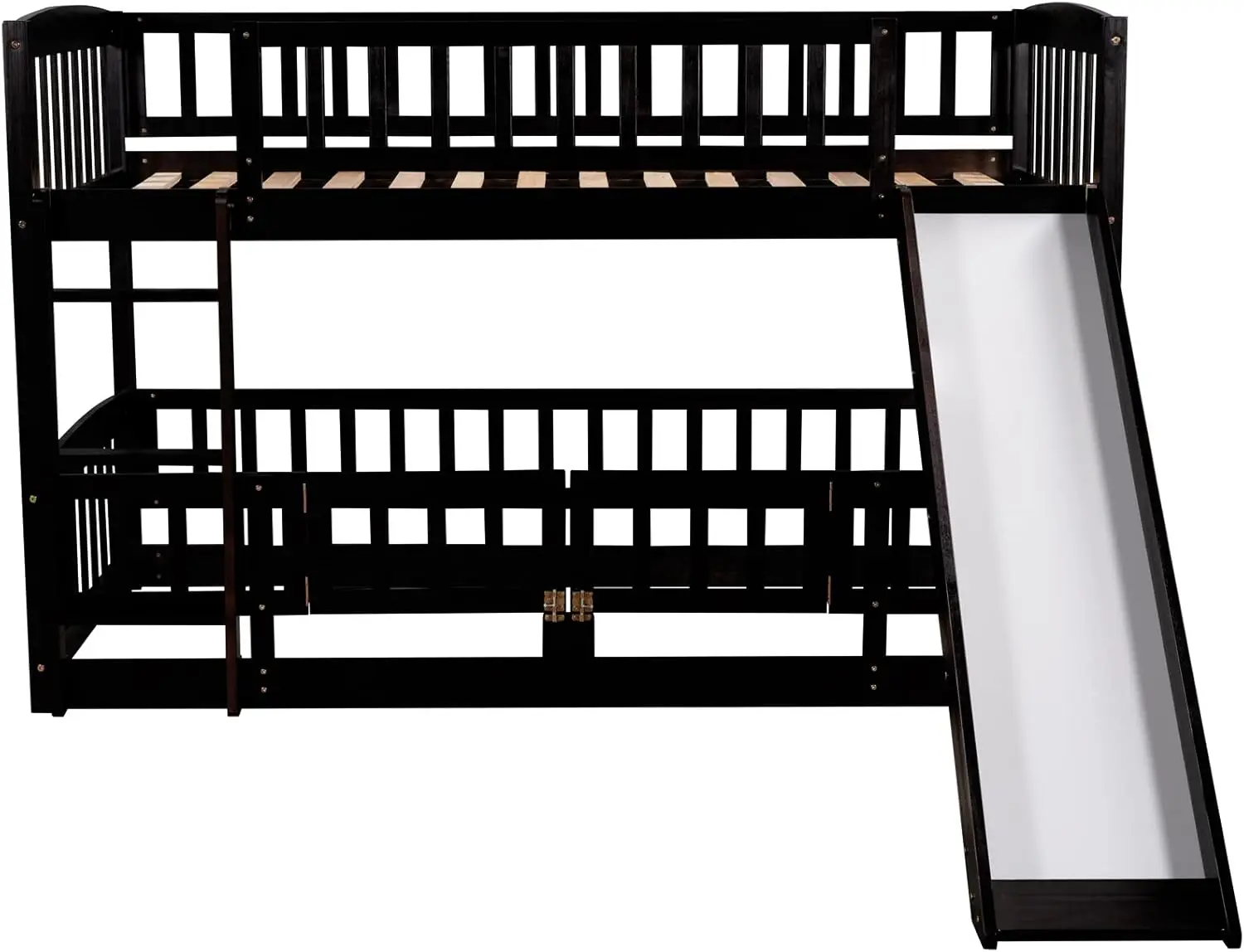 Low Bunk Bed with Slide, Twin Over Twin, Wood Frame, Espresso