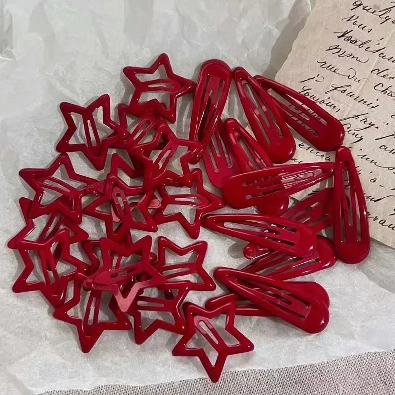 10 Pcs/Lot Red Star Snap Hair Clips for Girls Waterdrop Barrettes Black Hairpin Women Silver BB Kawaii Hair Accessories