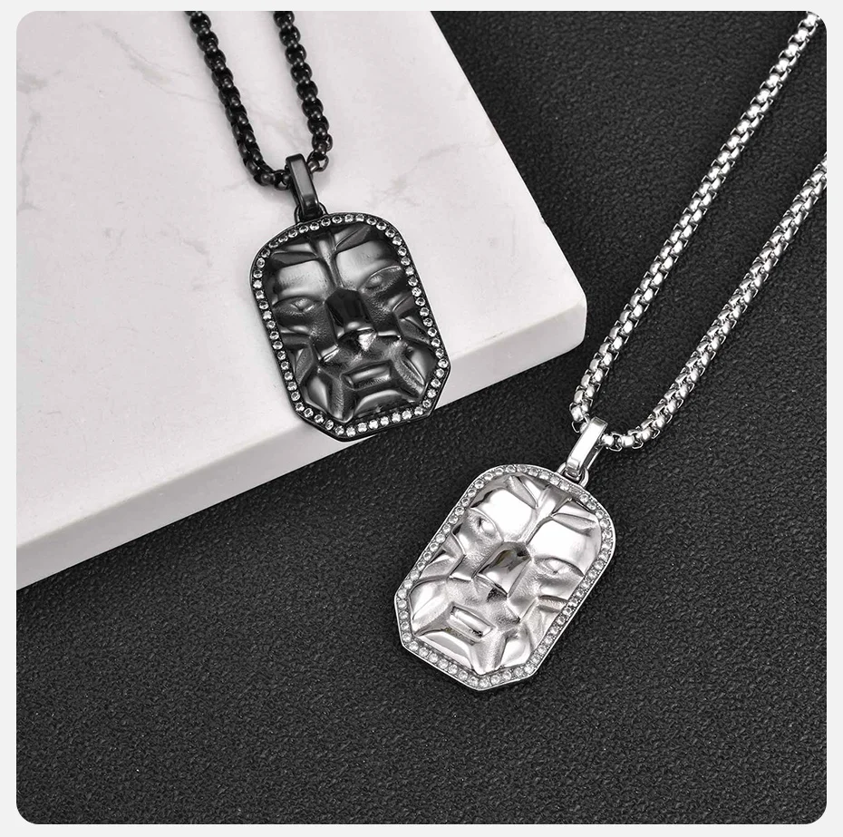 Vnox Herren 3D-Masken-Gesichts-Hundemarken-Halskette, Schwarz-Silberfarbener Edelstahl 60cm Kastenkette Hip-Hop Punk Schmuck Geschenk für Ihn – Detail 5