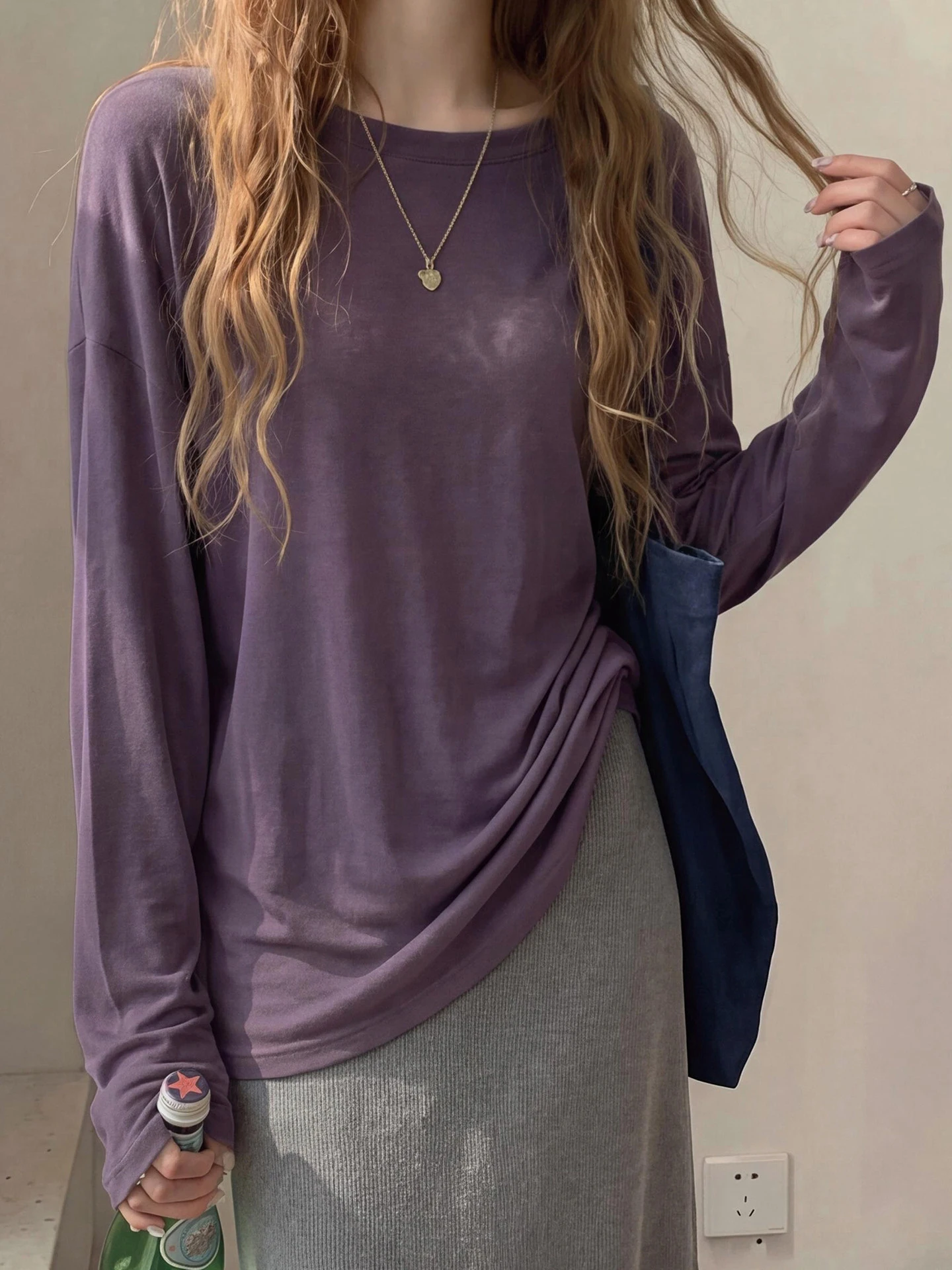 Ladies' Summer Thin Silk Sun Protection T-Shirt Korean Lazy Style Purple Air Conditioner Cover up Outerwear Mask Top