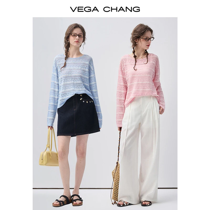 

Vega Chang New Summer Style Women's Lyocell Round Neck Knitwear Casual Stripesd Cut Out Knitwear