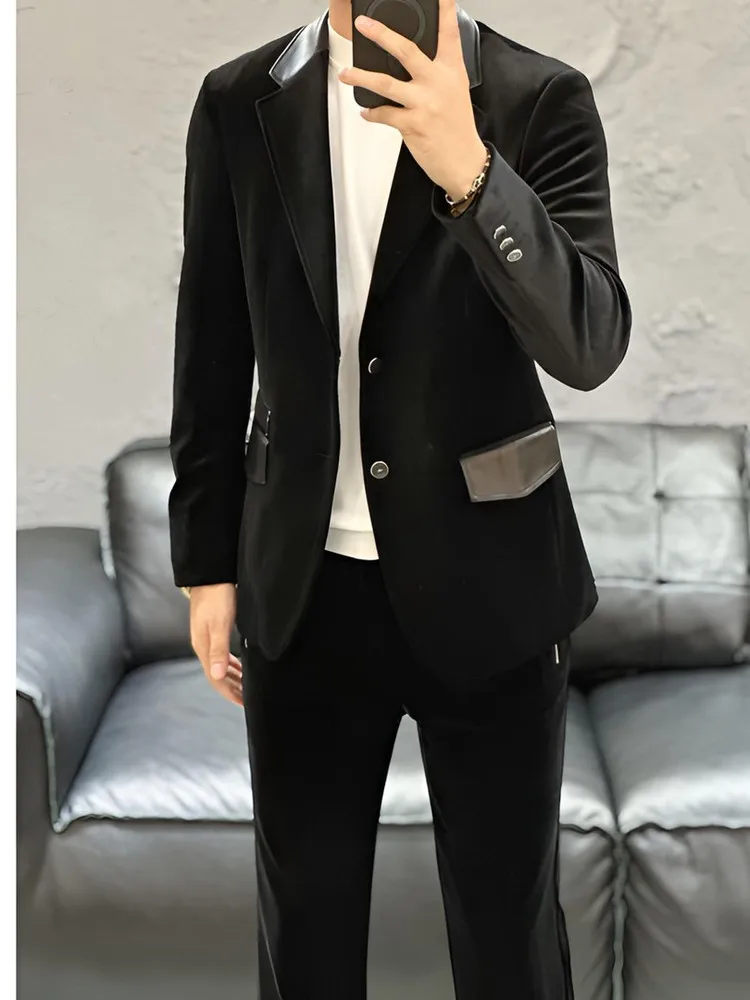 

Мужской пиджак из кожи и бархата в стиле пэчворк, осенне-зимний, новый, деловой повседневный, модный, с длинным рукавом, однобортный