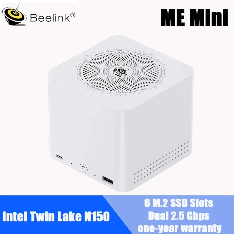 Beelink ME mini NAS Mini PC Intel Twin Lake N150 4C/4T 12GB LPDDR5 64GB EMMC 6 * M.2 فتحة Bluetooth5.2 2.5G LAN كمبيوتر مكتبي