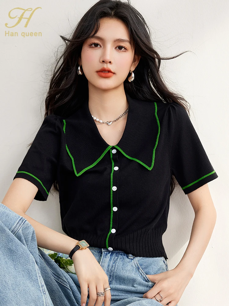 H Han Queen Summer Clothing Basic T-Shirts Women Elegant Knitting Vintage Work Casual Tops Korean Short Sleeve Tees Loose Blouse