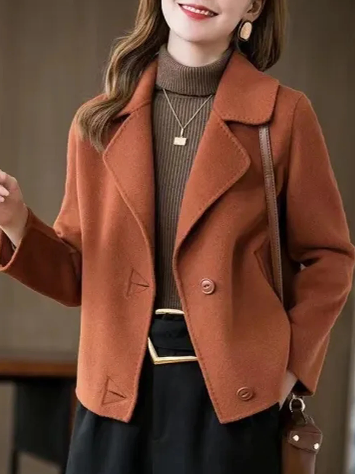 

Double-Faced Woolen Spring Outerwear Women's Jacket Short Style Korean Version Commute Friendly Pure Color Long Sleeve