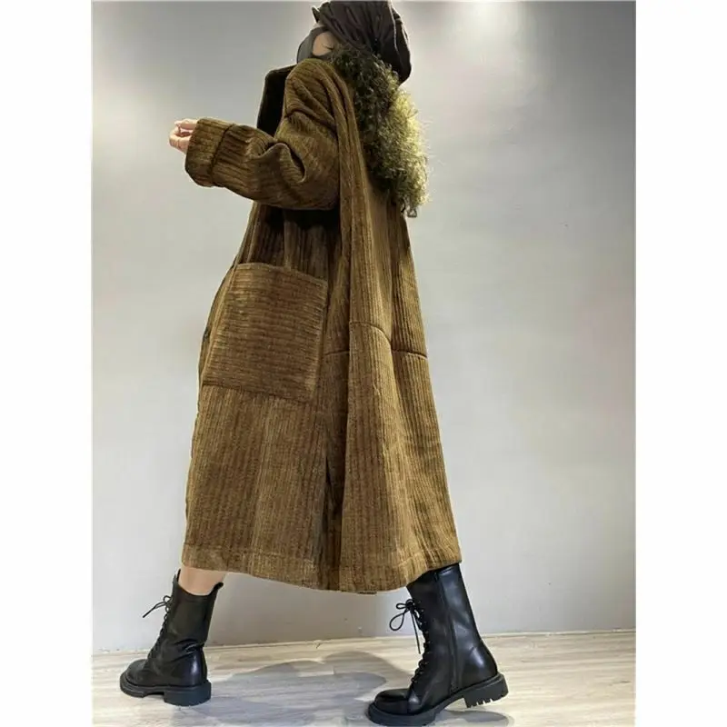 2023 New Fashion Corduroy Windbreaker Coat Female Mid-Length Big Pocket Autumn Winter Jacket Korean Version Women\'s Outerwear