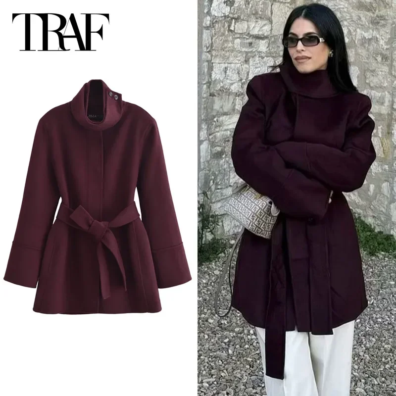 TRAF Women's Coat Tweed Long Outerwears Burgundy Belt Long Sleeve Coats Wool & Blends Coats Fashion Warm Winter Coats For Women